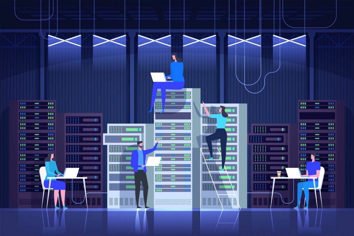 Server room. System administration. Control center. People working and managing IT technology. Vector flat illustration